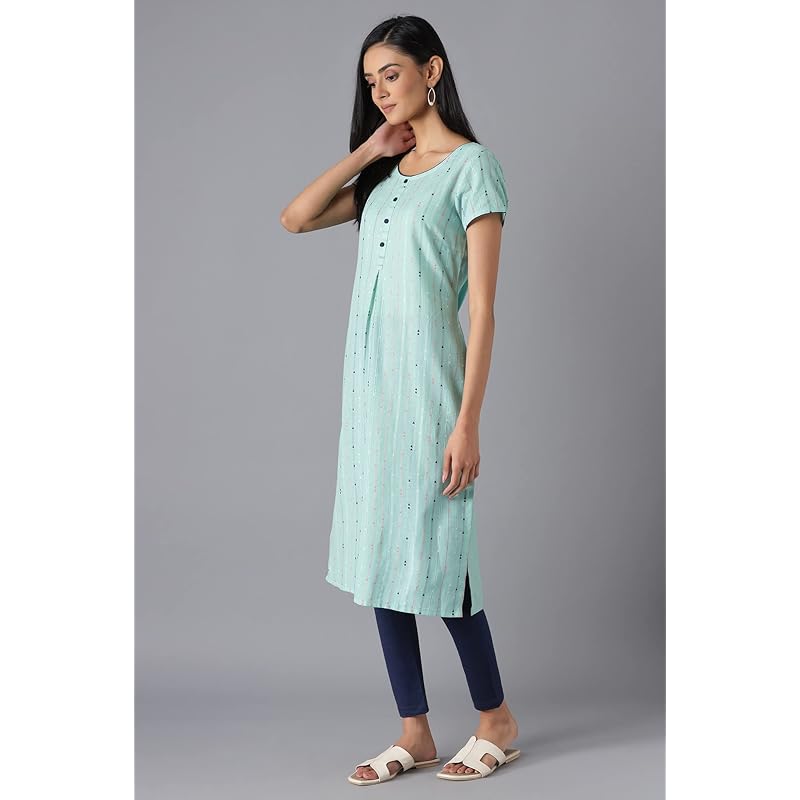 Aurelia Women s Cotton Geometric Regular Kurta (22FEA12879SS-701898_Teal Green_XS) XS зелёный