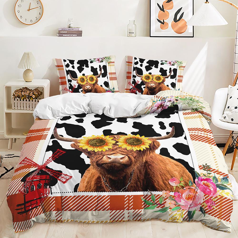 3D Digitaldruck Bett Dreiteilig Tierillustration Meeresleben Tiger Kuh Pferd Set