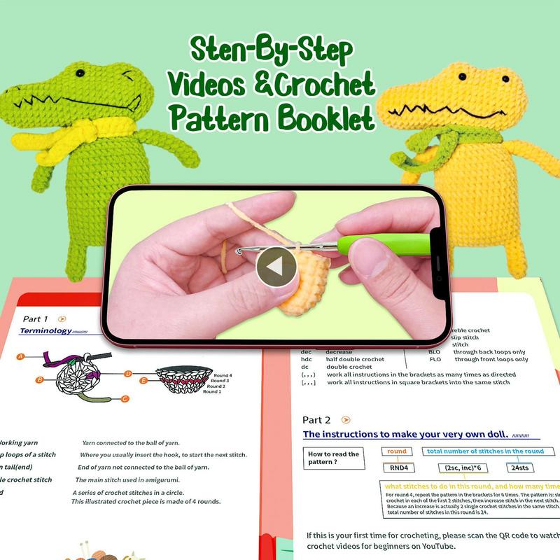 Crochet Kits For Adults Art Supplies Knitting Crochet Kits Cartoon Crocodile Crocheting Kit With Step-By-Step Tutorials Knitting