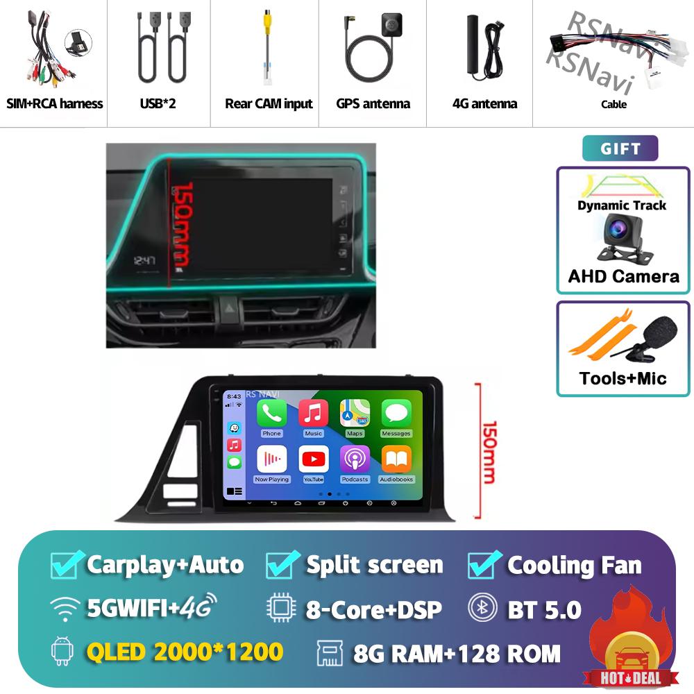 Android 14 Carplay Auto For Toyota C-HR 2016 - 2020 Car Radio Player Multimedia Stereo 360 Camera Navigation Video AI Voice GPS