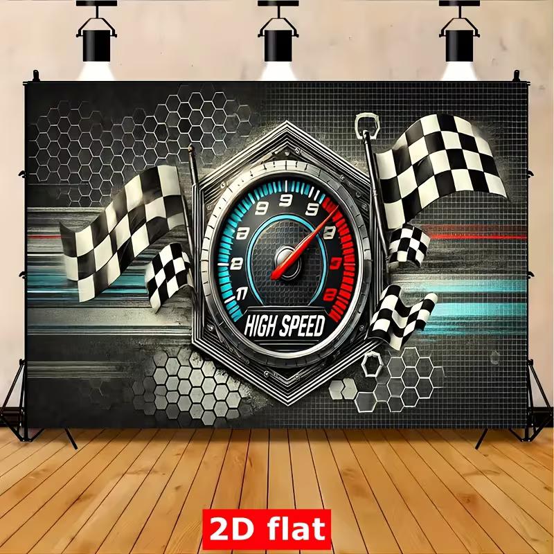 2D Racing Birthday Photo Backdrop Speedometer Flag Decor Cloth