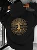 Men's Tree of Life Graphic Hoodie - Black & Golden Circular Print, Casual Pullover with Front Pockets