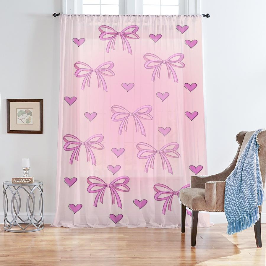 

Single Panel Pink Butterfly Bow Love Printed Polyester Curtain Sweet Girl Style Bedroom Living Room Curtains Perfect For W100*H70(CM)-Hooks&1PCS