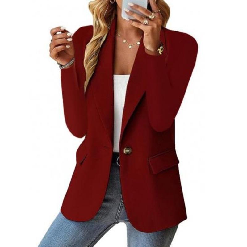 Women Suit Coat Lapel Long Sleeve Single Button Suit Jacket with Flap Pockets Solid Color Work Office Business Outerwear