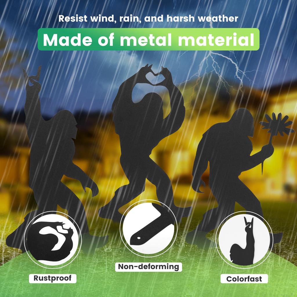 3 Peças Estaca de Jardim Sasquatch Silhueta de Homem Macaco de Metal Decoração de Quintal Estaca de Silhueta Preta para Decoração de Jardim, Pátio, Gramado Arte de Parede