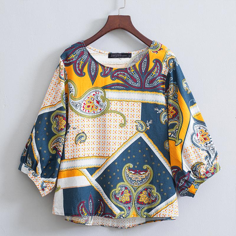 

ZANZEA Женская повседневная блузка с круглым вырезом и рукавами 3/4 с принтом в стиле ретро XL жёлтый