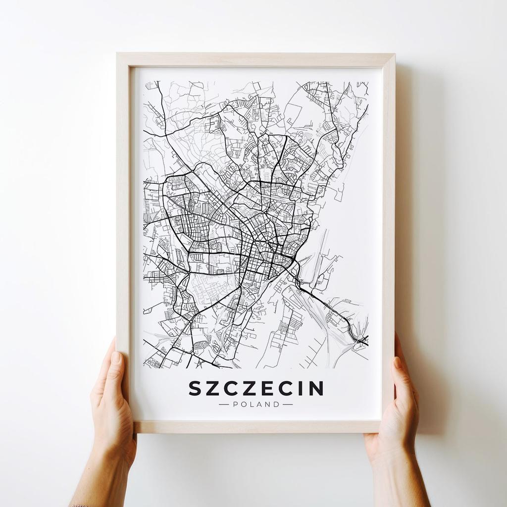 Plakat plan miasta Szczecin czarnobiały