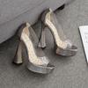 Fashion Platform Open Toe Bling Transparent PVC Rhinestone Womens Sandals Sexy Slip on Cover Heel 13CM Thick Heeled Party Wedding Shoe