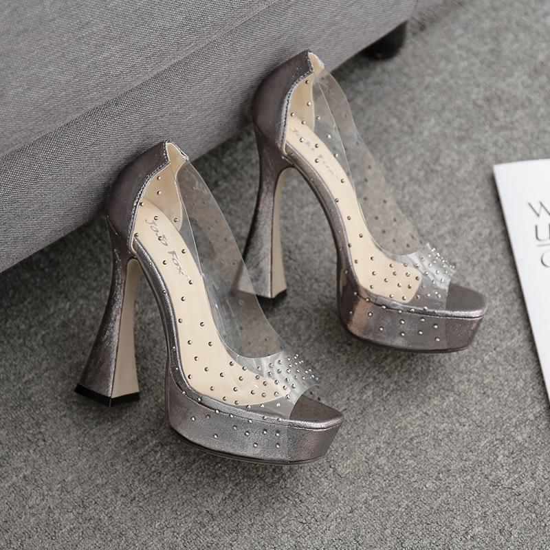 Fashion Platform Open Toe Bling Transparent PVC Rhinestone Womens Sandals Sexy Slip on Cover Heel 13CM Thick Heeled Party Wedding Shoe