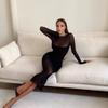 Women's Fashion Sexy Round Neck Long Sleeve Net Gauze Perspective Slimming Dress