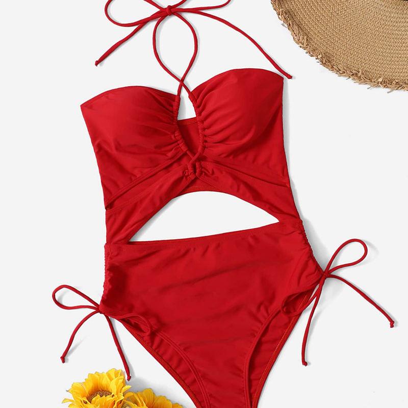Swimsuit Women's One Piece Triangle Solid Color Multicolor Lace Up Drawstring Bikini Suits