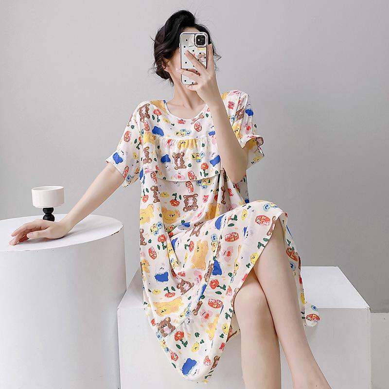 Sexy Nachtwäsche Damen Spitze Viskose Nachtkleid Kurzarm Cartoon Nachthemden Mädchen Nachthemd Einheitsgröße Nachthemd Mädchen Nachtwäsche