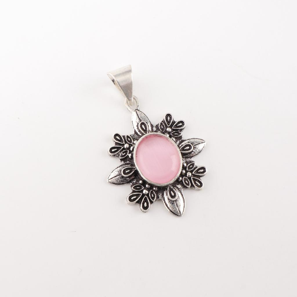 Natura Pink Cat's Eye Gemstone 925 Sterling Silver Handmade Leaf Pendant 1.62" CP-12-44
