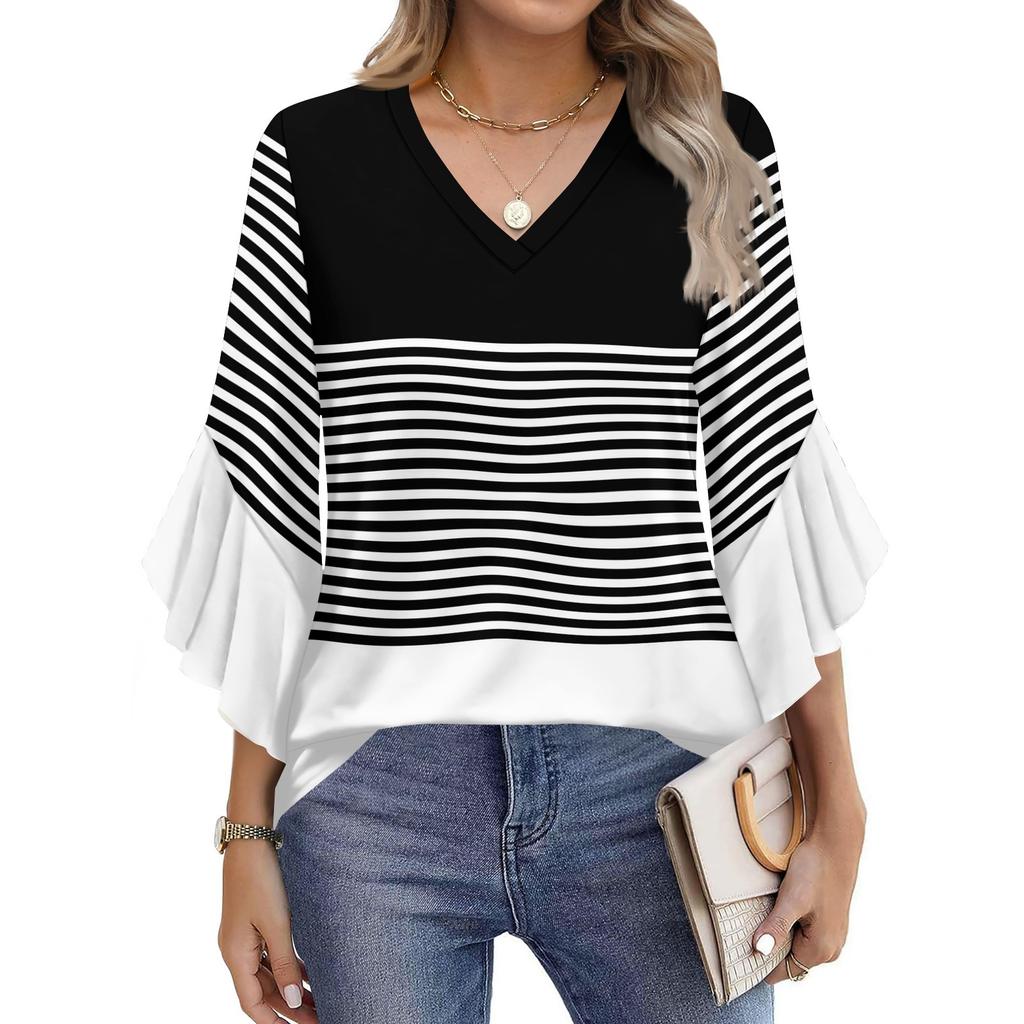 Blouses For Women Dressy Casual 3/4 Length Sleeve Womens Tops V Neck Tshirts Shirts With Flared Sleeve