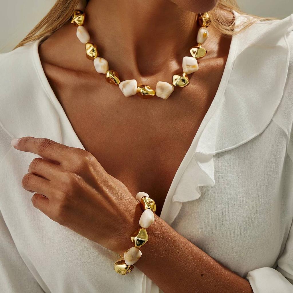 Salircon Boho Resin Acrylic Metal Beaded Necklaces Bracelets Set for Women Vintage Elegant Clavicle Choker Party Jewelry Gifts