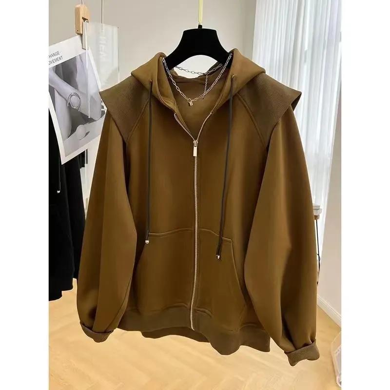 

Повседневный свитер на молнии с капюшоном большого размера, прикрывающий мясо, женская весенне-осенняя свободная куртка-кардиган на все случаи жизни 6XL кофейный