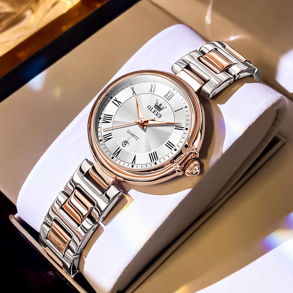 OLEVS Women Quartz Watch Fashion Rose Gold Stainless Steel Strap Waterproof Analog Wristwatch with Calendar Reloj Hombre