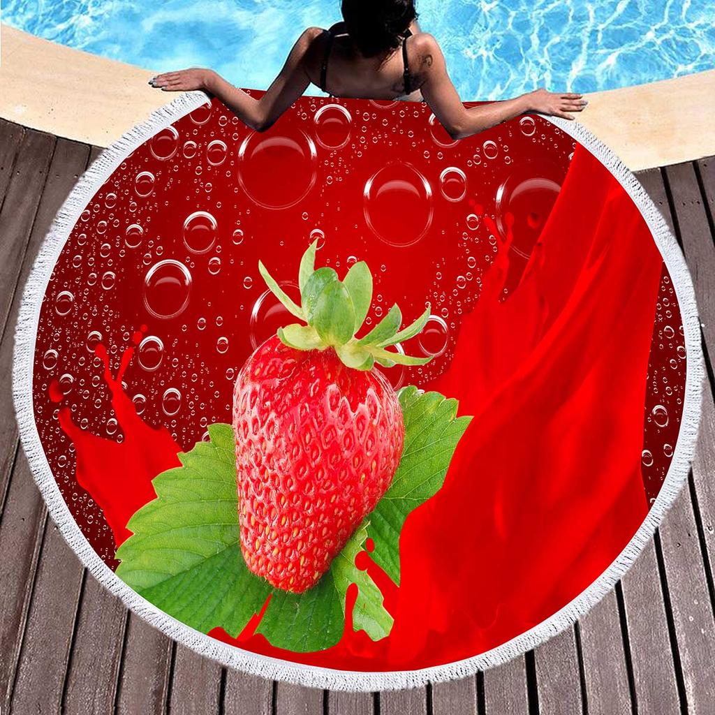 Sweet Cartoon Strawberry Round Beach Towel,Polyester Sand Resistant Beach Blanket,Soft Absorbent Quick Dry Pool Towel Picnic Mat