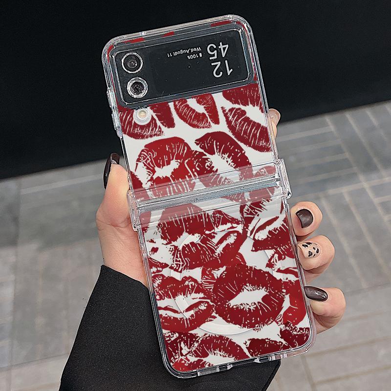 3PCS Foldable Shockproof Case for Samsung Z Flip6 Flip5 Flip4 for Magsafe Magnetic Balloon Kiss Lips Pattern Clear Hard Pc Slim Case Cover