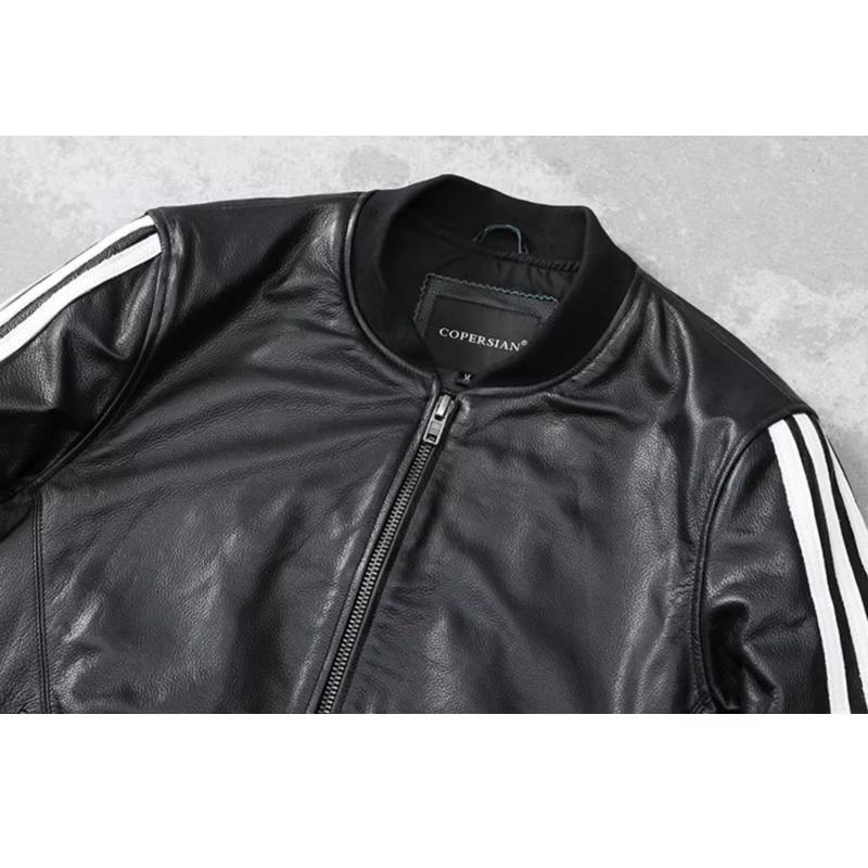 Embroidery Patches Baseball Jackets Genuine Cowhide Leather Jacket Men Motorcycle Biker Coats Autumn Mens Coat