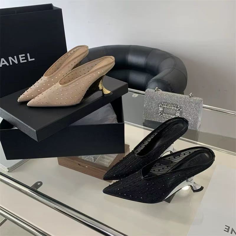 Fashion Fashion Crystal Sequined Air Mesh Women Pumps Slippers Pointed Toe Wedges High Heels Mules Spring Autumn Slingbacks Party Shoes