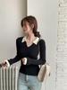 Korean Color Block Polo Collar Long Sleeve Sweater for Women - Winter Slim Fit Base Layer