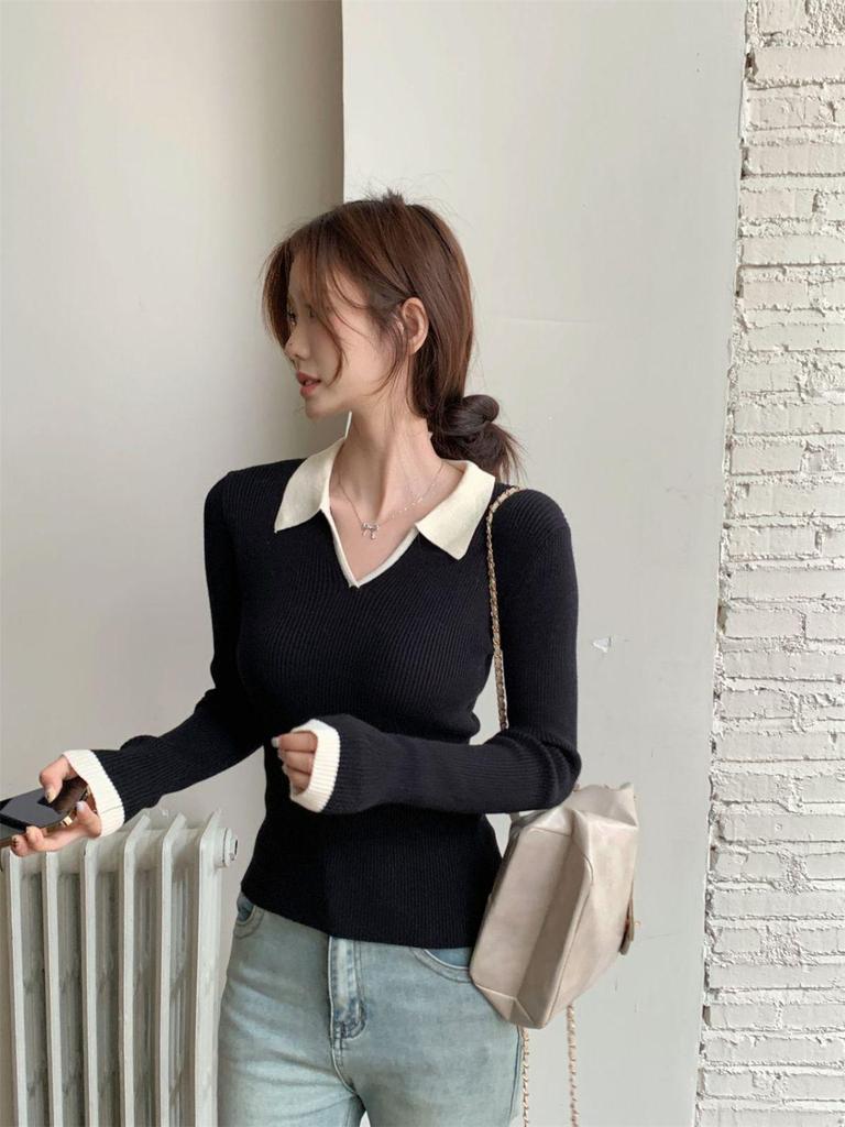Korean Color Block Polo Collar Long Sleeve Sweater for Women - Winter Slim Fit Base Layer