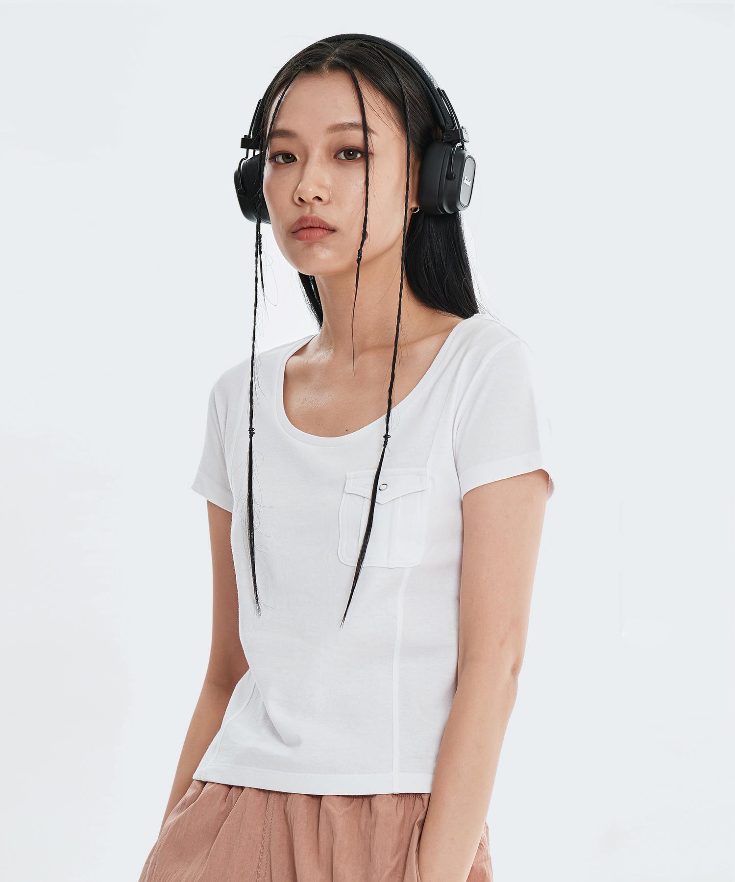 Dear Me Deep U-Neck Pocket T-Shirt [White] Note/S