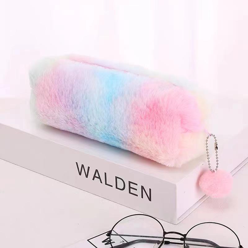 Gradient Plush Pencil Case: Cute Octagonal Stationery Box for Girls