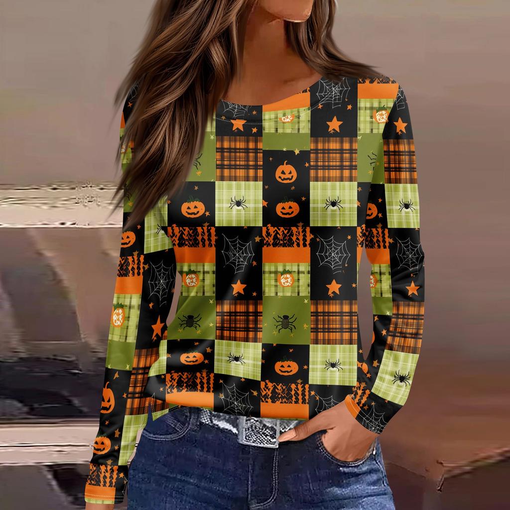 Women's Long Sleeve Halloween T-Shirt with Side Slits Neck Blouse