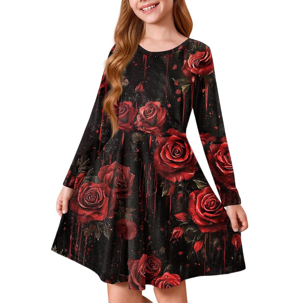 Girls' Summer Princess Dress Halloween Day- Long Sleeve A-Line T-Shirt Dress