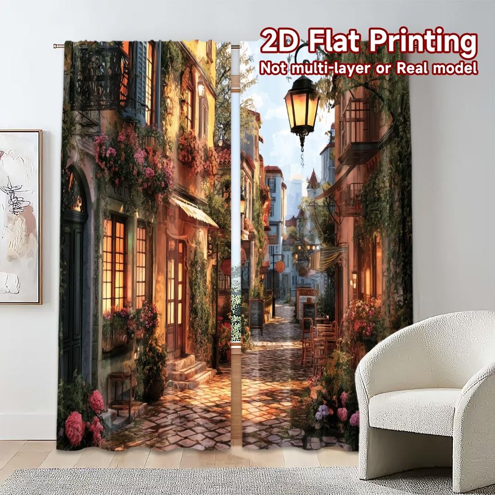 2pcs, 2D FLAT PRINTING Curtains (Without Rod) Cozy Street Fashionable Modern Curtains Yarn Curtains Holiday Ldeal for digital