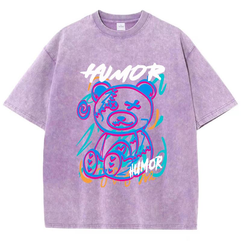 Street Women Cotton Washed T-Shirt Colored Humor Print Pattern Printed Tees Fashion Oversize Short Sleeve Clothing