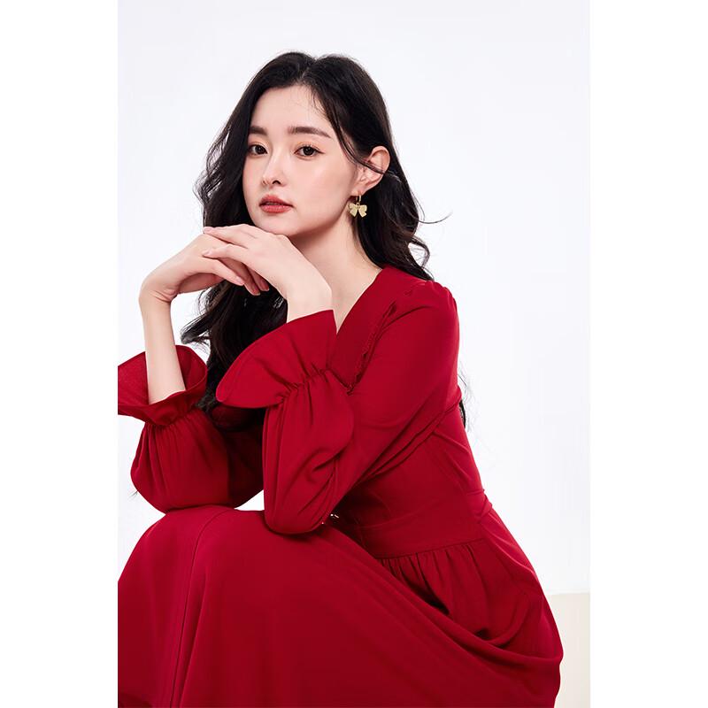 

Qiushui Yiren 2025 Spring Lapel Lace Chiffon Midi Dress S