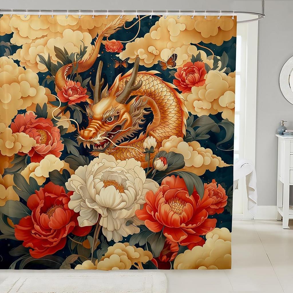 Yin Yang Dragon Bathroom Decor,Pink Cherry Blossom Shower Curtain Set For Boys Girls Kids,Oriental Japanese Style Bathroom Set