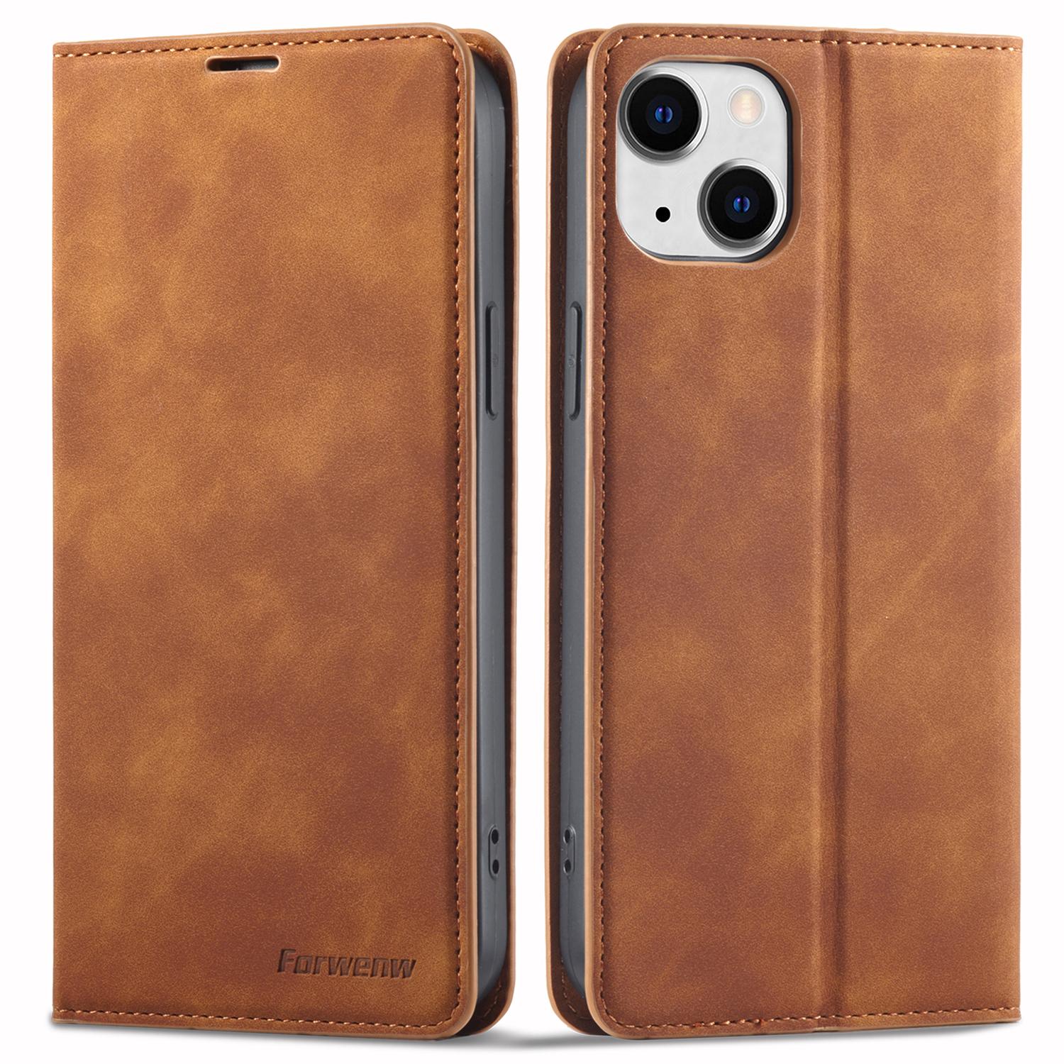 

FORWENW Fantasy Series for iPhone 15 Plus Shockproof Wallet Phone Case Skin-touch Leather Wallet Phone Cover Brown