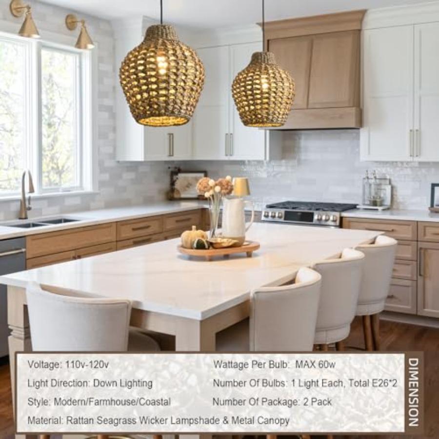 2-Pack Rattan Pendant Light 10.24 Boho Small Hand-Woven Lighting Modern Wicker Coastal Adjustable Rattan Chandelier for Kitchen