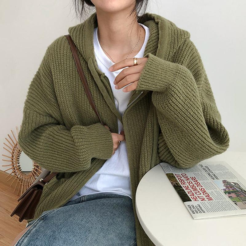 Dámský volný svetr s kapucí Cardigan Coat Jednobarevný pletený top