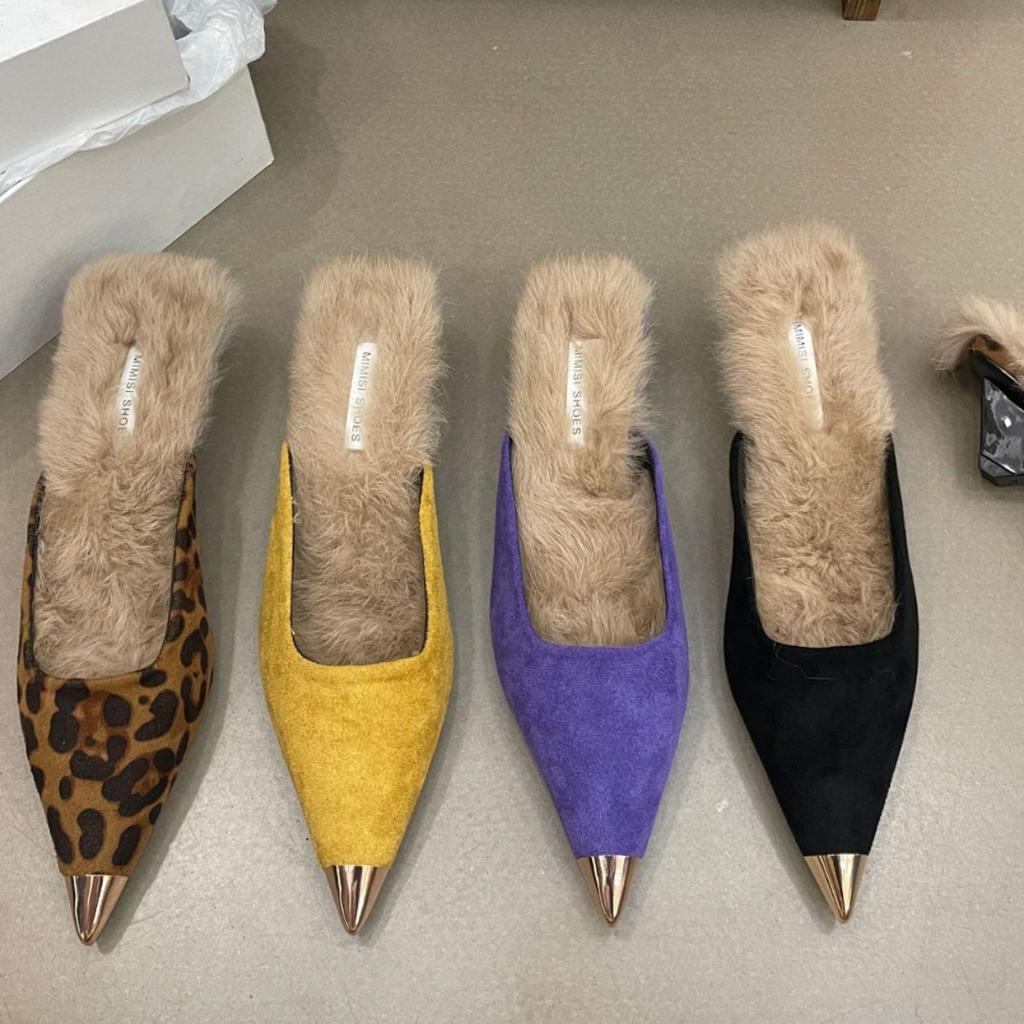 Baotou half-drag women's outer wear 2025 autumn new triangular thick heel medium heel fluffy shoes metal pointed low heel slippers