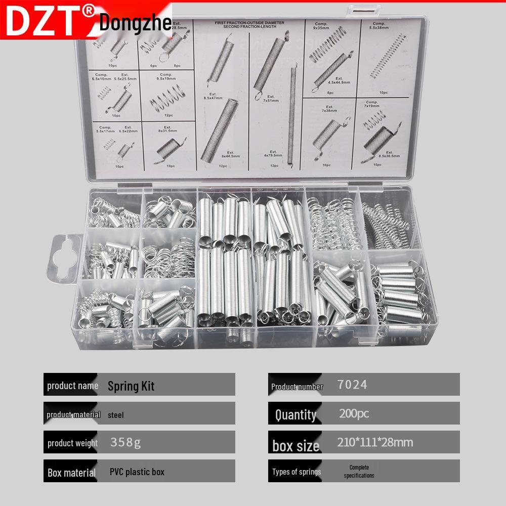 200 PCS Assorted Spring Set: Cylindrical Tension & Compression Springs with Hooks, Boxed