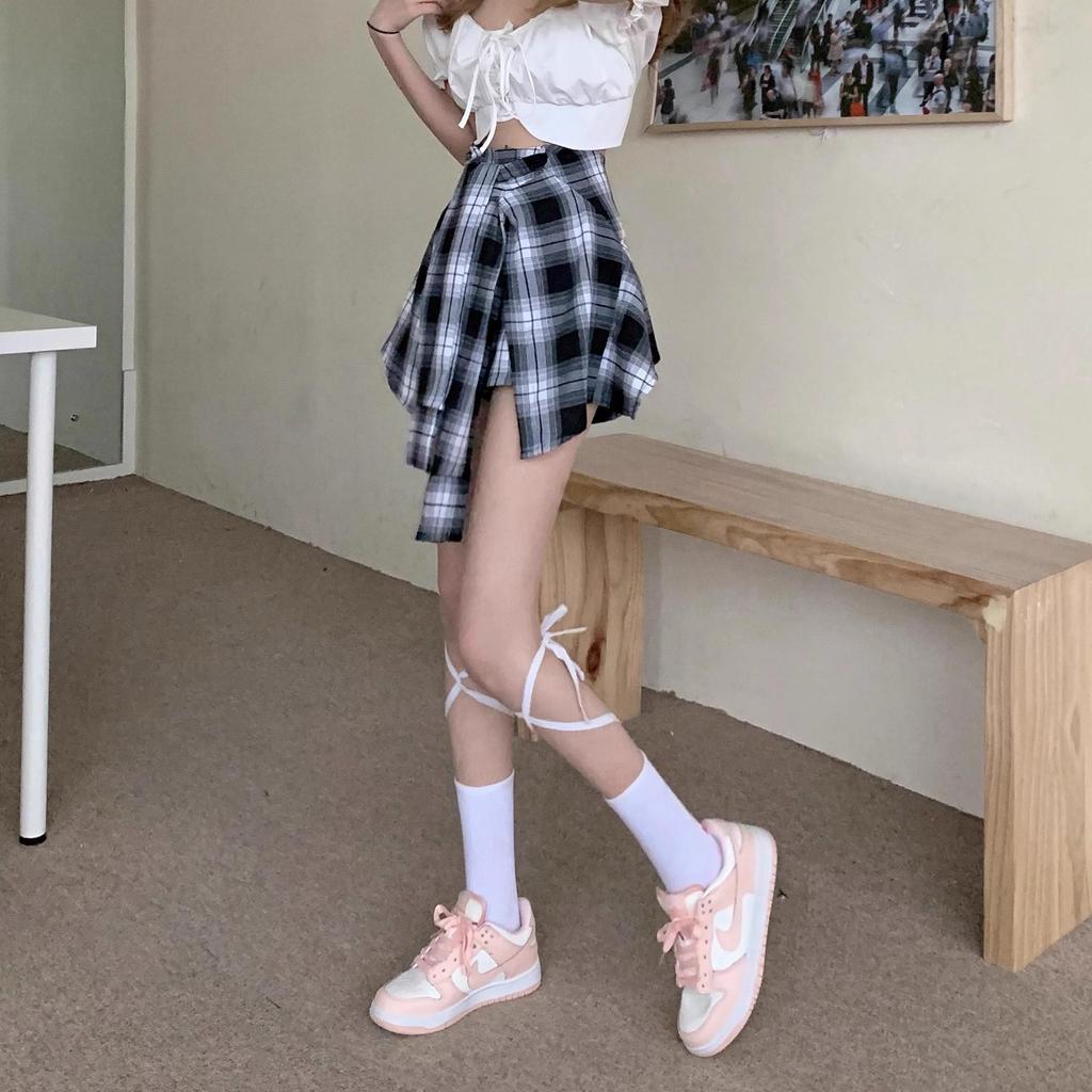 Women's Summer Retro High-Waist Irregular Plaid Midi Skirt with Faux Two-Piece Shorts