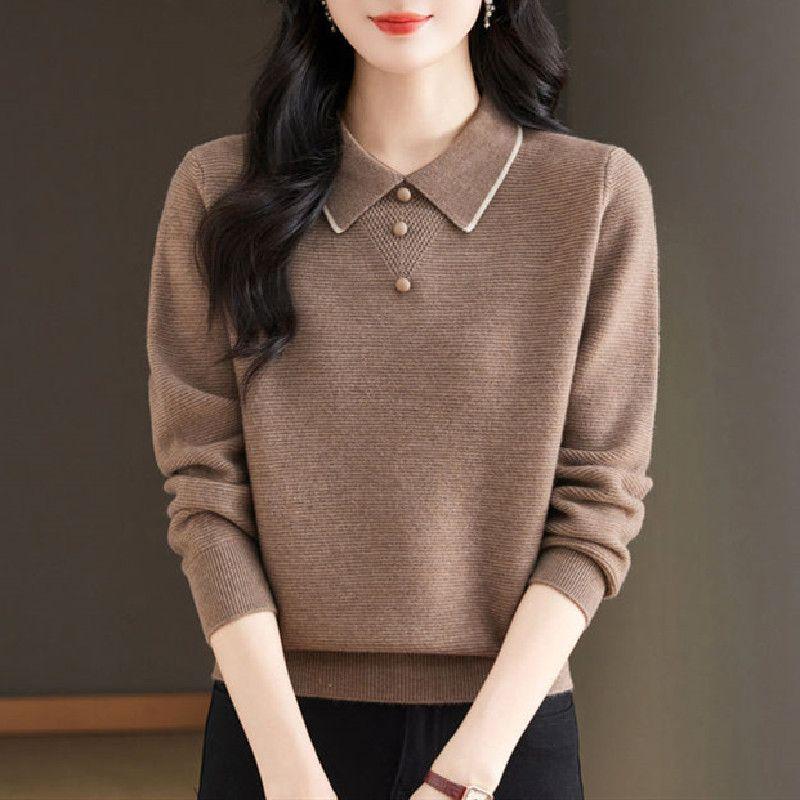 Autumn Winter Women's Sweater Polo Collar Knitted Top Large Loose Collar Pullover Stylish Bottom Shirt