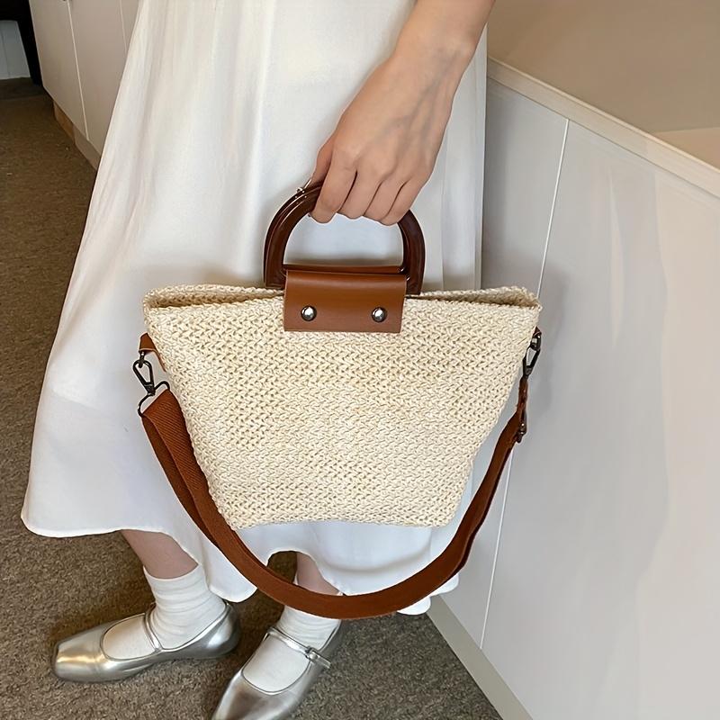 Elegant Women'S Boho Chic Woven Shoulder Bag Rattan-Style Handbag with Fixed Strap, Zip Closure & Polyester Lining for Beach, Travel & Casual Use