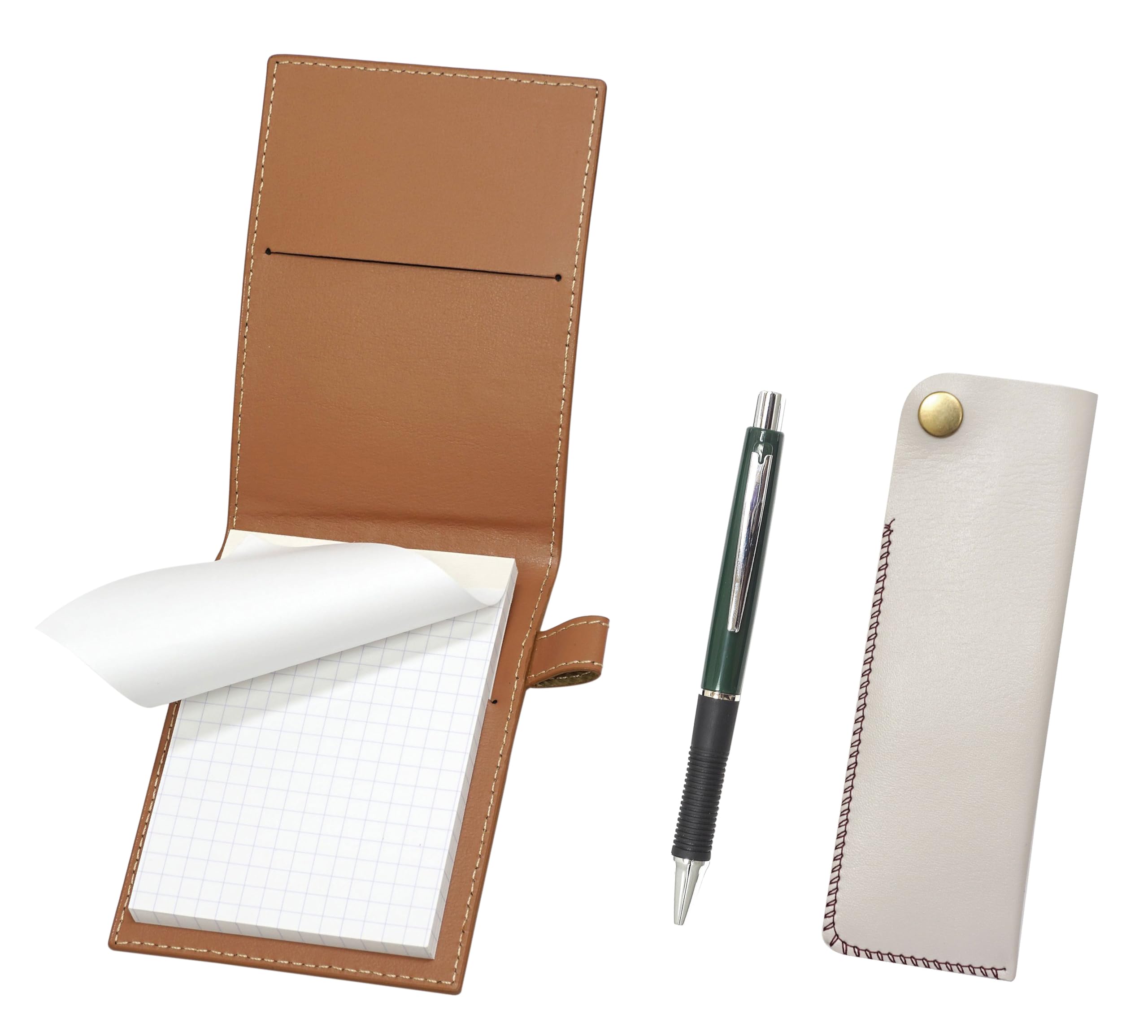 

Recycled cowhide mini notebook cover in with a white pen case and a green metal point ballpoint pen set mocha, snap-closure (LS022PM-NK01W-WZ13-G) зелёный