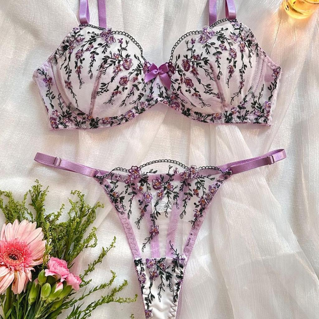 Floral Embroidered See-Through Lingerie Set with Sexy Gathering Bra for Women