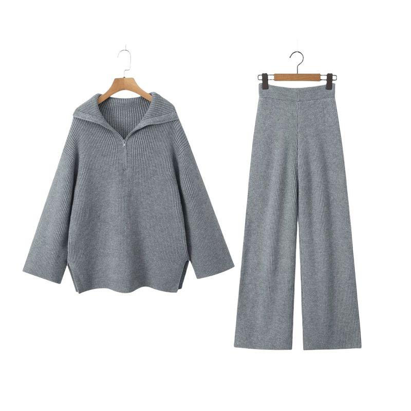 

Осень и Зима Новое поступление Вязаный костюм Женская мода Свободный и Расслабленный стиль Пуловер Свитер на молнии Брюки с высокой талией и широкими штанинами Grey Two-piece set One size