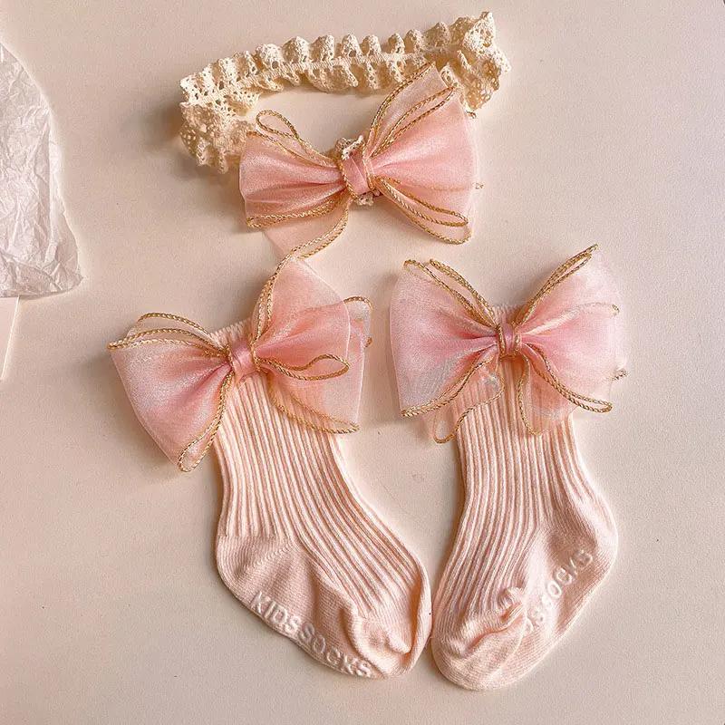 2Pcs Baby Bow Headband & Socks Set Toddler Girls Lace Print Elastic Hairband Turban Soft Solid Color Sock Kids Fashion Access