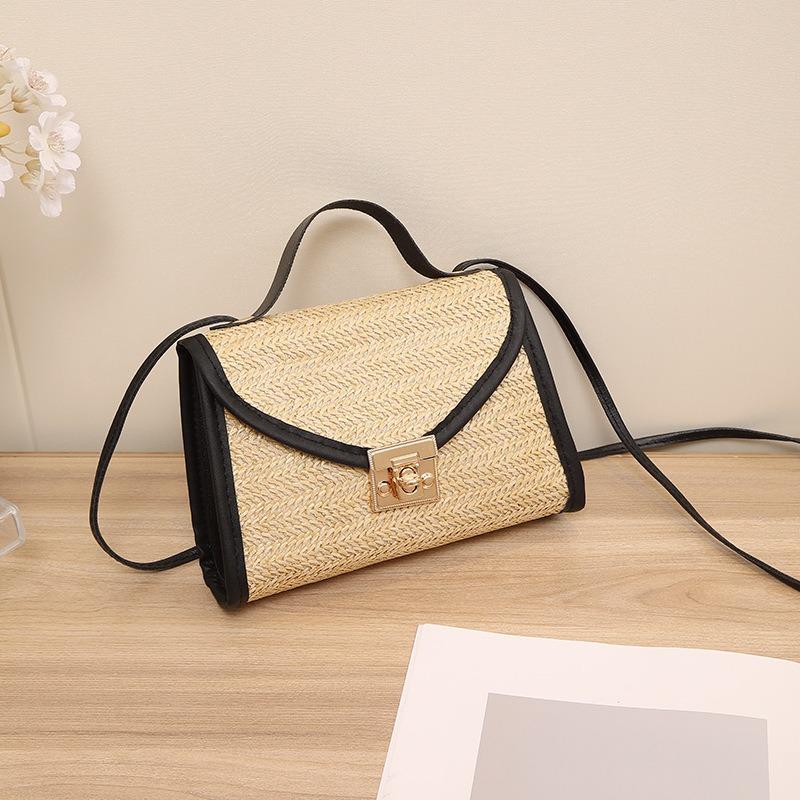 Straw Bag New Lock Metal Small Square Bag Women's Bag Fashion Casual Simple Shoulder Bag Mobile Phone Bag