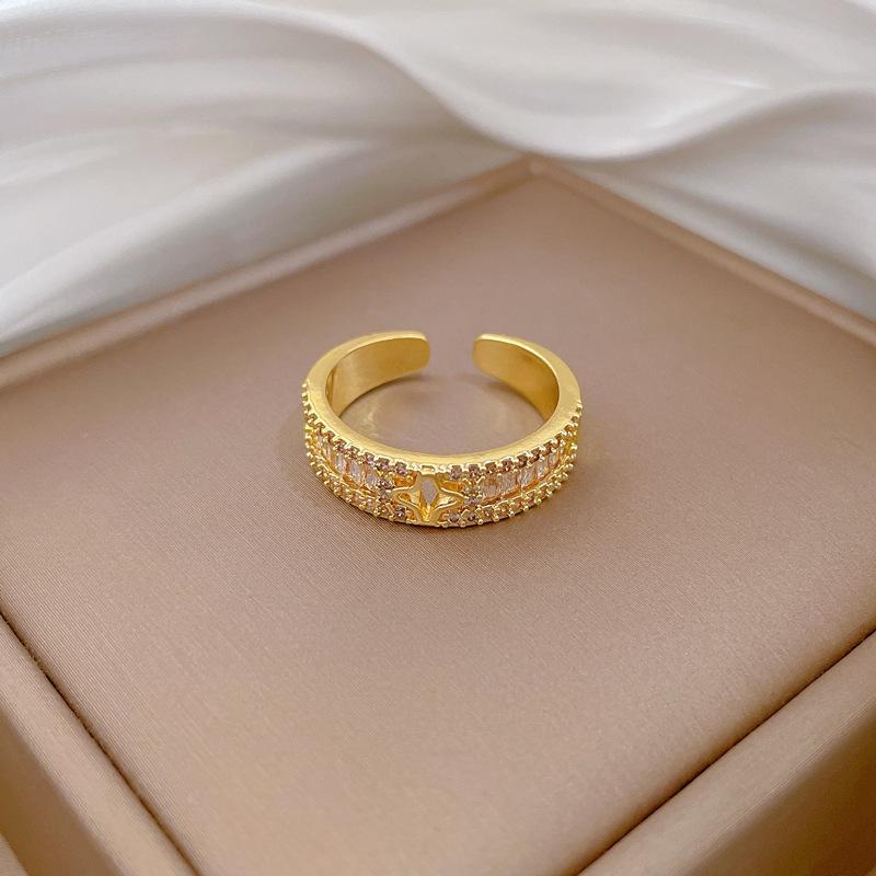 Real Gold Light Luxury Lucky Grass Full Diamond Ring Opening Adjustable Simple Jewelry Japanese Ring Couple Ring