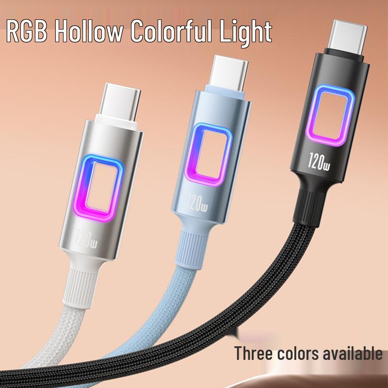 RGB Dazzling 120W Super-Fast Type-C Charging Cable for Huawei, Xiaomi, Vivo, Oppo, and Apple.